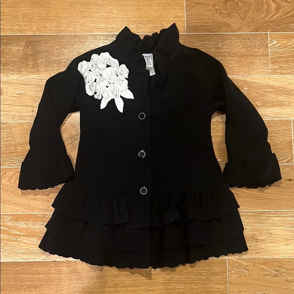 Black and White Blazer with Floral Embellishment and Peplum Hem